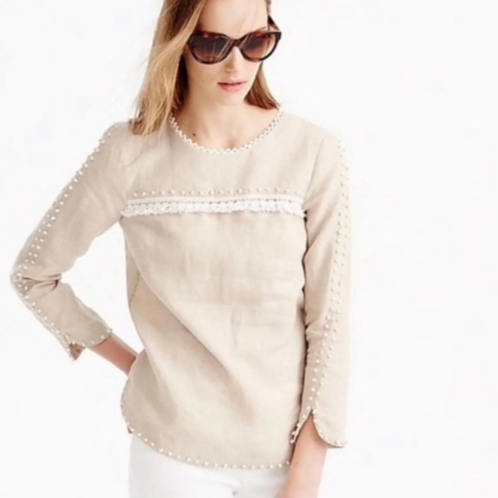 J. Crew Cream Linen Blouse with Pearl Trim